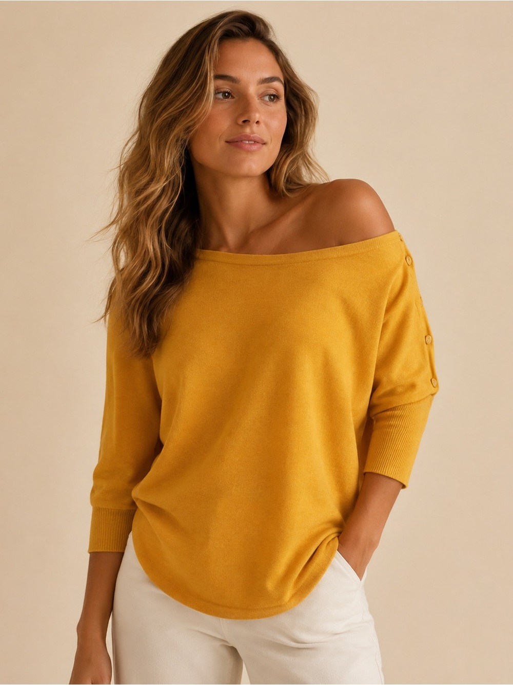 Spense Mustard Off-the-Shoulder Button-Sleeve Sweater